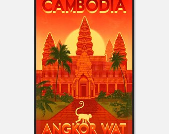 Kambodja Angkor Wat reseposter – Vintage Sydostasien väggkonst