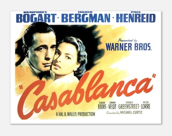 Manifesto del film Casablanca – Arte murale vintage – Stampa classica di Hollywood del 1942 – Humphrey Bogart e Ingrid Bergman