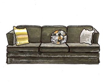 Mary Tyler Moore's Couch - Watercolor Print - 5x7 - TV Couches