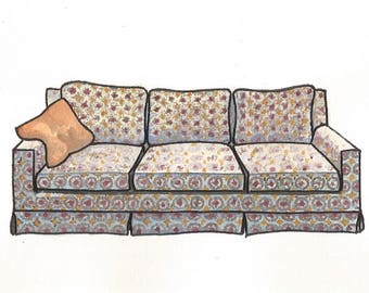Three's Company Couch - Watercolor Print - 5x7 - TV Couches
