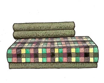The Brady Bunch Couch - Watercolor Print - 5x7 - TV Couches