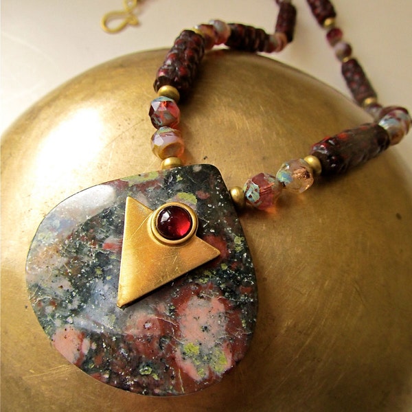 Exotic Bloodstone and Garnet Pendant Necklace w. Czech Glass and Brass