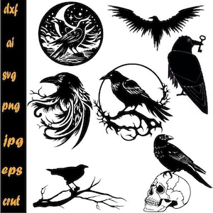 May include: A set of eight black and white silhouette images of ravens and crows. The images include a raven perched on a branch, a raven with a key in its beak, a raven with a crescent moon, and a raven with a skull.