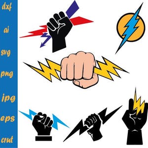 May include: Five different graphic designs featuring a fist holding a lightning bolt. The lightning bolts are in different colors, including yellow, blue, and red. The fists are in black and skin tone.