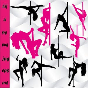 Puede incluir: Un conjunto de diez imágenes en silueta negra de personas bailando alrededor de postes. Las imágenes están en varias poses y todas miran en diferentes direcciones.