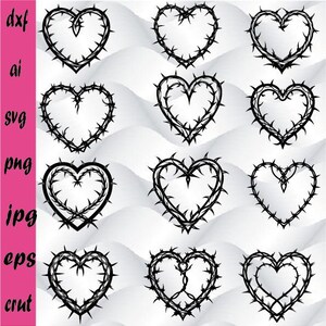 May include: A set of ten black and white heart-shaped designs with thorns. The hearts are all the same size and shape, but they have different arrangements of thorns.