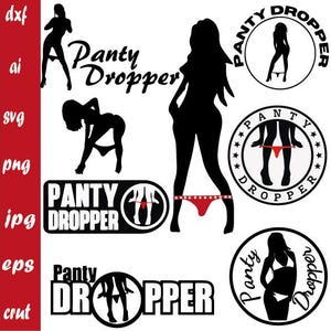 Peut inclure: Un ensemble d'illustrations numériques en noir et blanc représentant une femme dans différentes poses avec le texte "Panty Dropper" dans une police audacieuse et stylisée.