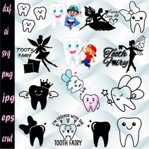 Peut inclure: Une collection de 12 designs numériques sur le thème de la fée des dents, avec différentes illustrations de dents, de fées et le texte "Tooth Fairy".