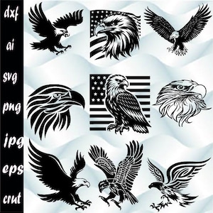 May include: A set of nine black and white vector illustrations of bald eagles in various poses, including a bald eagle with its wings spread, a bald eagle with its head turned to the side, and a bald eagle with its head held high. Some of the eagles are shown with the American flag in the background.