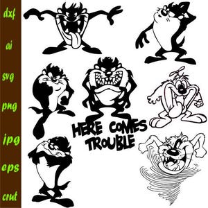 Puede incluir: Ilustraciones de dibujos animados en blanco y negro de Taz el Demonio de Tasmania en varias poses. El texto "Here Comes Trouble" está incluido en la imagen.