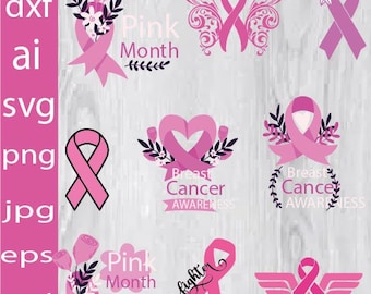 Breast Cancer SVG bundle, Cancer Ribbon Svg, Pink ribbon Svg,Ribbon Vector, Cancer Awareness Ribbon Png,Breast Cancer Bundle SVG,svg,dxf,png