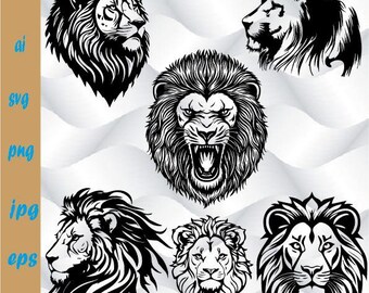 Lion Head SVG Bundle, Lions SVG, Lion Clipart, King Lion Silhouette Png, Roaring Lion Head Svg