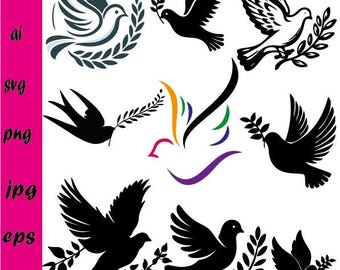 鳩 SVG バンドル、鳩 SVG、オリーブの枝を持つ鳩 SVG、平和の鳩 SVG、鳥 SVG、鳩のシルエット SVG、鳩のクリップアート