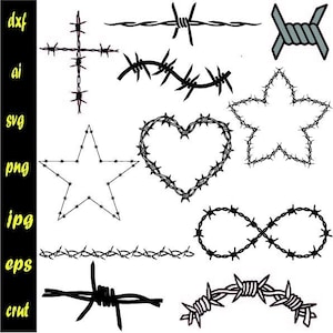 May include: A set of nine black and white vector illustrations of barbed wire in different shapes, including a heart, a star, a cross, an infinity symbol, and a straight line.
