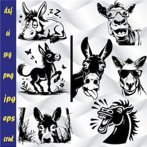 May include: A set of black and white digital illustrations featuring donkeys in various poses. The illustrations include a donkey sleeping, a donkey with sunglasses, a donkey sticking its tongue out, and a donkey with a surprised expression.