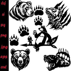 Peut inclure: Un ensemble d'illustrations de silhouettes d'ours noires et blanches. L'ensemble comprend une tête d'ours, une empreinte de patte d'ours, un ours avec une tasse, un ours avec des griffes et une tête d'ours avec la bouche ouverte.