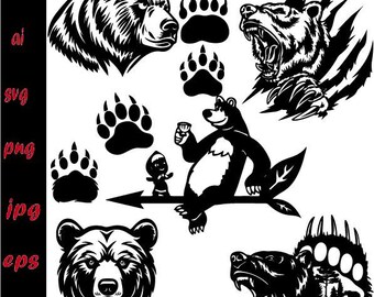 Bear PNG Files, Bear Head Clipart, Grizzly Bear Silhouette, Wildlife Animal Cut Files for Cricut, Bear Clipart Pack