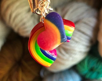 FULL Rainbow with rainbow heart attached. Charm/ knitting progress marker