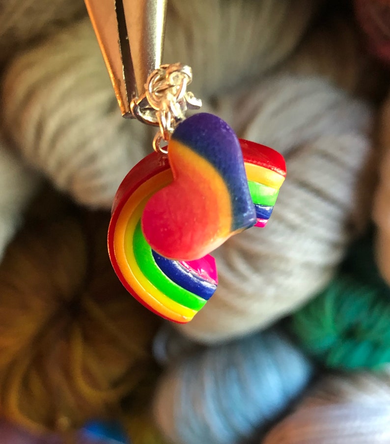 FULL Rainbow with rainbow heart attached. Charm/ knitting progress marker image 1