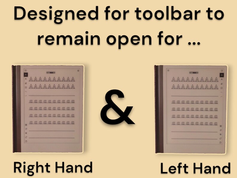 May include: Two images of a digital notepad with a black and brown cover. The notepad is open and shows a grid of squares and triangles. The text "Designed for toolbar to remain open for..." is at the top of the image. The text "Right Hand" is below the left image and the text "Left Hand" is below the right image. The word "&" is between the two images.