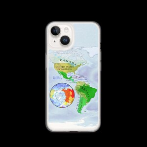 iPhone 14 ® Hülle mit Amerikanischer Kontinent Map (Spanisch) | Kunst aus Südamerika | Flexible transparente Abdeckung
