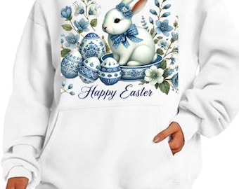 Happy Easter PNG, Grand Millennial Easter Png, Blue Floral Chinoiserie Bunny Png, Blue Toile Easter Rabbit Png, Girls, Easter Coquette Png