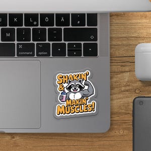 Shakin' and Makin' Muscles Raccoon Sticker, Funny Gym Stickers, Bodybuilding Animal Decal, Workout Humor Stickers, Weightlifting Gift