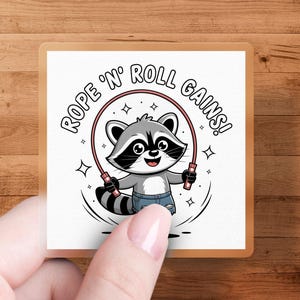 Raccoon Rope Skipping Sticker, Fitness Animal, Cute Cartoon Sticker, Funny Workout, Rope n Roll Gains, Gym Lover, Gym Sticker, Vinyl Decal