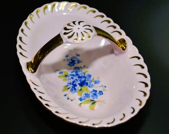 青い花柄のピンクの2セクション磁器バスケット - Etsy 日本