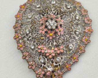 1920's Vintage Silver Tone Filigree, Rhinestone and Purple Enamel Flower Fur Clip from Czechoslovakia