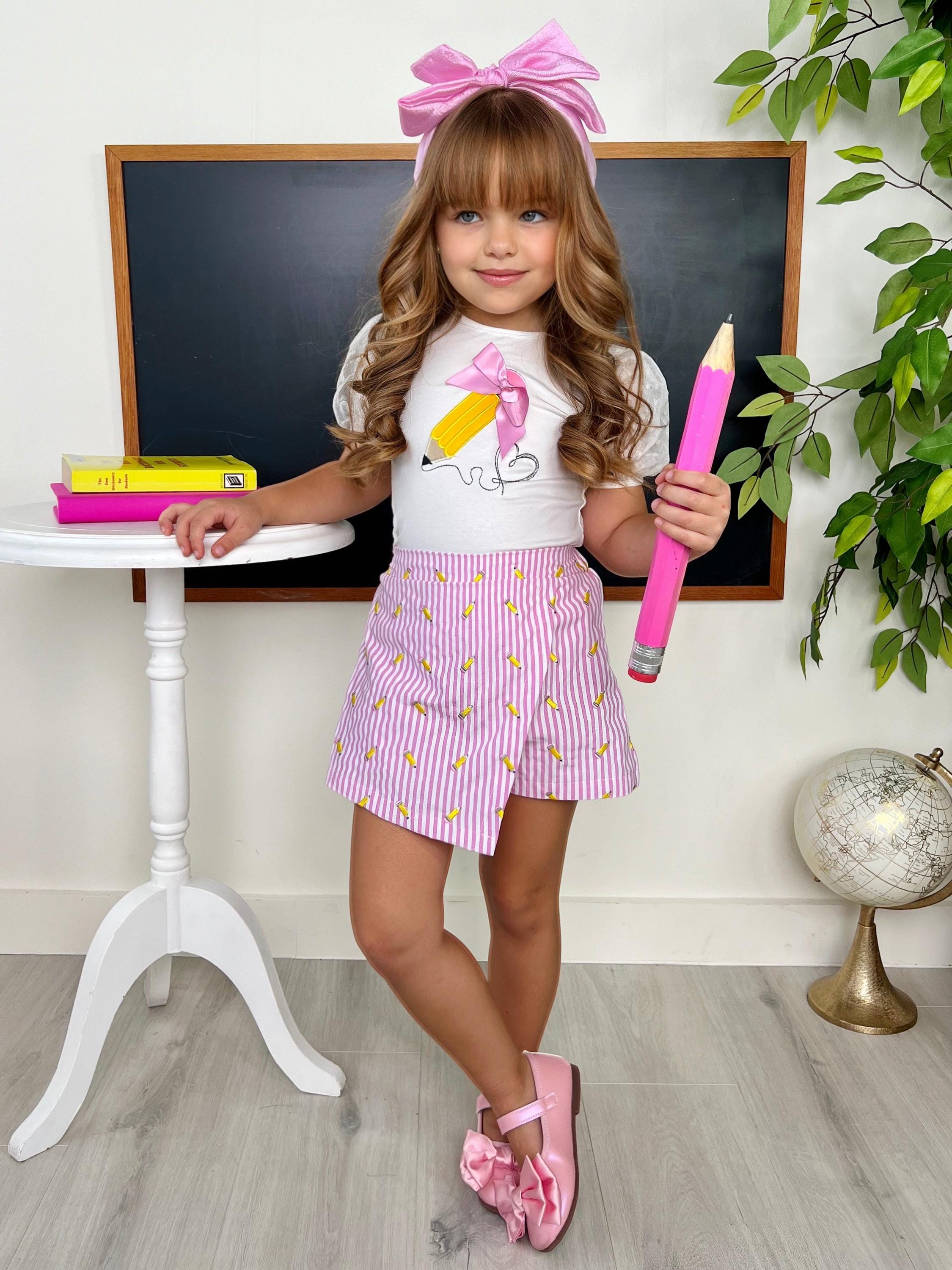 Schoolgirl Chic Puff Sleeve Top and Striped Skort Set