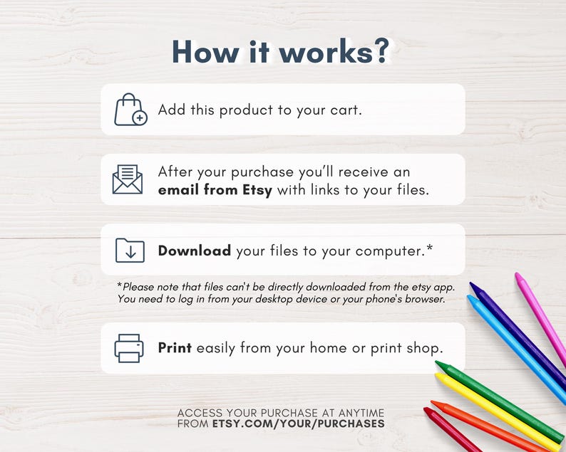 May include: An infographic with the title "How it works?" shows the steps to purchase and download files from Etsy. The steps include adding to cart, receiving an email, downloading files, and printing. Colored pencils are in the bottom right corner.