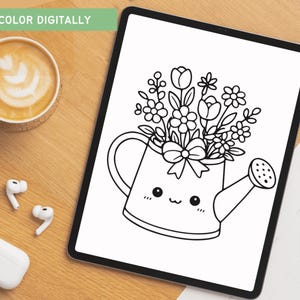 May include: A digital illustration of a watering can filled with flowers, displayed on a tablet. The watering can has a cute face and a bow. The text "COLOR DIGITALLY" is at the top left. A cup of coffee and earbuds are on the wooden surface.