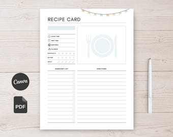 Recipe Book Template Printable, Editable Recipe Planner Fillable Family Cookbook Journal Canva Template (US Letter & A4)