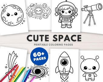 Puede incluir: Una colección de páginas para colorear imprimibles con ilustraciones de temática espacial que incluyen una luna, sistema solar, astronauta, telescopio, estrella fugaz, agujero negro, cohete y alienígena. El texto dice CUTE SPACE PRINTABLE COLORING PAGES.