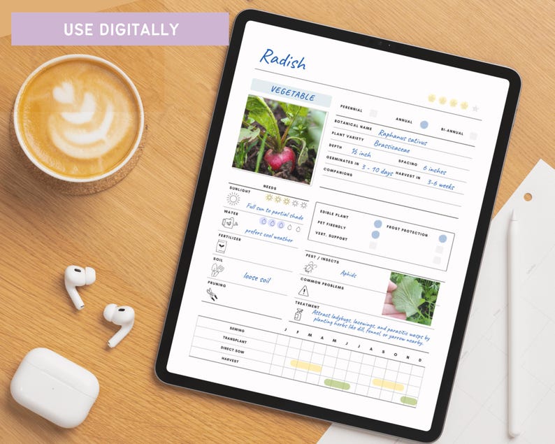 This garden planner printable works as a detailed plant log sheet for indoor and outdoor plants. Track sunlight, watering, soil preferences, and seasonal planting timelines with a clean, family-friendly layout.