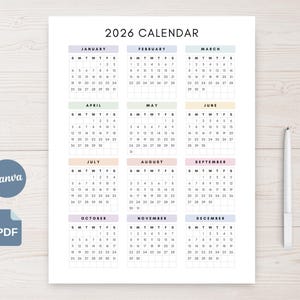 2026 2027 Printable Calendar Editable Colorful Yearly Planner Canva Template (US Letter & A4)