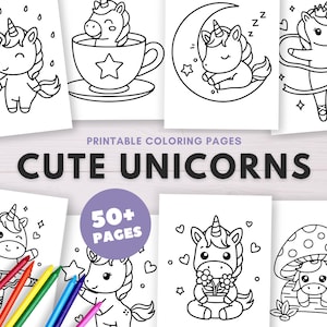 Könnte beinhalten: Eine Sammlung ausdruckbarer Malvorlagen mit niedlichen Einhorn-Illustrationen. Die Seiten zeigen verschiedene Einhorn-Designs, wie Einhörner mit Regenschirmen, in Tassen, auf Monden und mit Blumen. Der Text "CUTE UNICORNS" und "50+ PAGES" ist ebenfalls sichtbar.