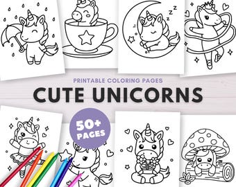 Unicorn Coloring Pages Printable Cute Kids Coloring Book, Kawaii Unicorn Printable, Easy Coloring Sheets (Us Letter, A4 & A5)