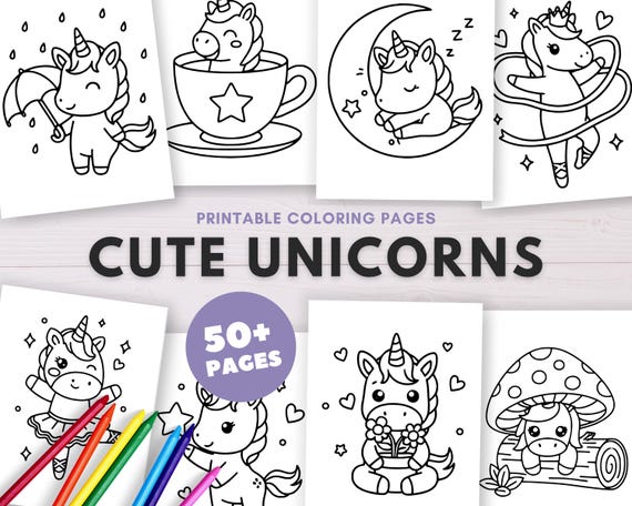Unicorn Coloring Pages Printable Cute Kids Coloring Book, Kawaii Unicorn Printable, Easy Coloring Sheets (Us Letter, A4 & A5)