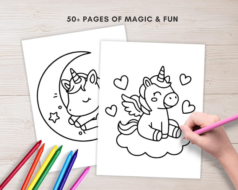 Puede incluir: Dos p&aacute;ginas para colorear blancas con ilustraciones de unicornios. Un unicornio est&aacute; en una luna creciente, el otro en una nube con corazones. El texto "50+ PAGES OF MAGIC & FUN" est&aacute; en la parte superior. Una mano colorea el unicornio de la nube con un l&aacute;piz rosa.