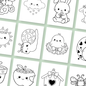 May include: A collection of black and white illustrations featuring cute, cartoon-style animals and objects. The images include a butterfly, cloud, bunny, lamb, sun, snail, chick, ladybug, potted plant, apple, birdhouse, and bee.