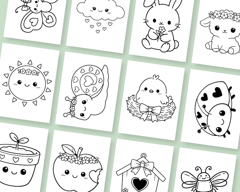May include: A collection of black and white illustrations featuring cute, cartoon-style animals and objects. The images include a butterfly, cloud, bunny, lamb, sun, snail, chick, ladybug, potted plant, apple, birdhouse, and bee.