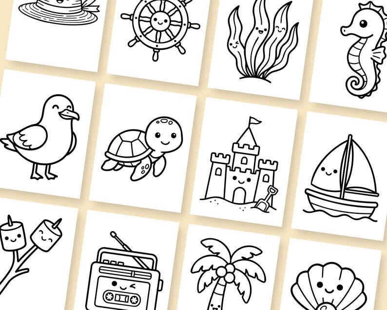 Kawaii fruit coloring page with happy faces.
Bright and cheerful fruit characters make learning and coloring fun for young children.