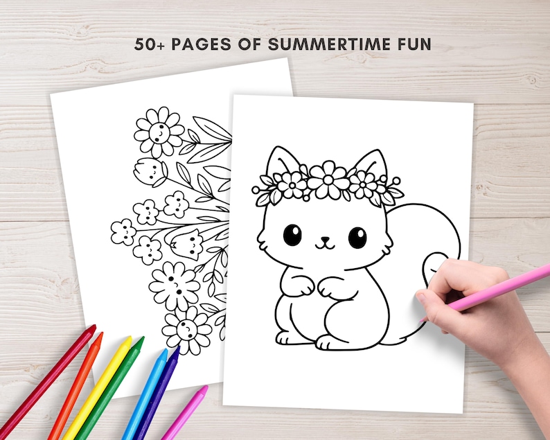 May include: Two white coloring pages with black line drawings of flowers and a squirrel wearing a flower crown. A hand holds a pink pencil, coloring the squirrel. The text "50+ PAGES OF SUMMERTIME FUN" is at the top.
