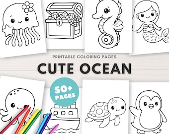 Cute Under the Sea Coloring Pages Printable Kawaii Ocean Coloring Book, Easy Coloring (Us Letter, A4 & A5)