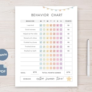 May include: A printable behavior chart with a pastel color scheme. The chart includes sections for tracking behaviors like kindness and chores, with a goal of 270 points. The reward is "extra screen time!" A pen rests on the wooden surface.