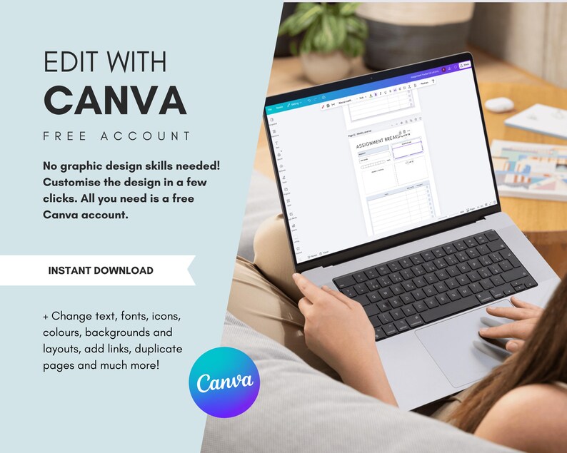 Assignment planner Canva template with editable sections for subjects, ideas, and resources. Students can customize and organize their workflow digitally or print for hands-on use. Perfect for flexible planning and personalized study routines.