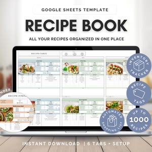 Pode incluir: Um ecrã de computador portátil que mostra um modelo de livro de receitas digital. O ecrã mostra vários cartões de receitas com imagens de comida e ícones circulares com texto como "Inventory Tracker". O texto "Recipe Book" está no topo.