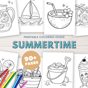 Op de afbeelding: Zwart-wit lijntekeningen van zomerthema's, waaronder een zeilboot, een kokosdrank, een strandhuis en een ijscoupe. De woorden "SUMMERTIME" en "90+ PAGES" zijn ook zichtbaar. Gekleurde potloden staan op de voorgrond.
